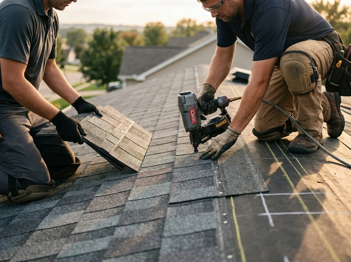 Professional roofer working on a residential roof in Lantana